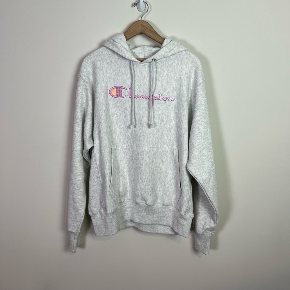 Champion Reverse Weave Heathered Gray Embroidered Pink Logo Hooded Sweatshirt M